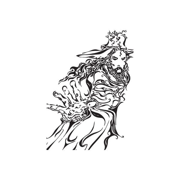 Wizard decal with ornate hat and flowing hair, black line-art design