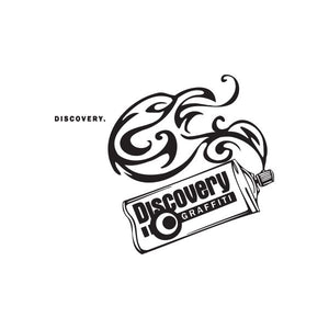 Discover spray paint can decal with bold Discovery Graffito logo, black and white