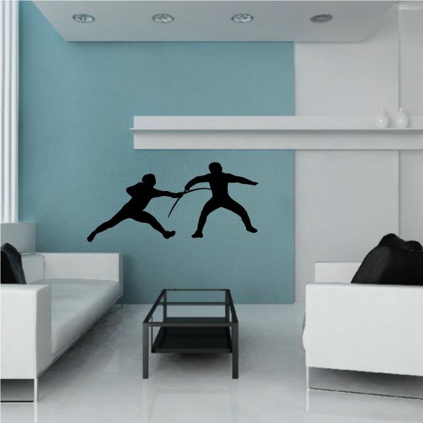 Fencing decal with two black fencer silhouettes in action