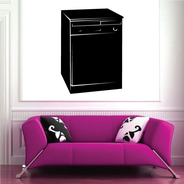 Dishwasher decal featuring a black dishwasher icon with white outline