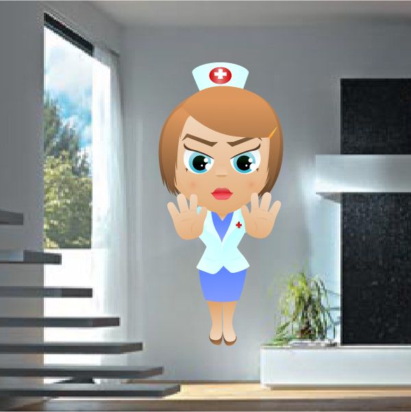 Nurse character sticker with white uniform and red cross cap, hands up