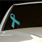 Turquoise awareness ribbon vinyl sticker with small text on ribbon
