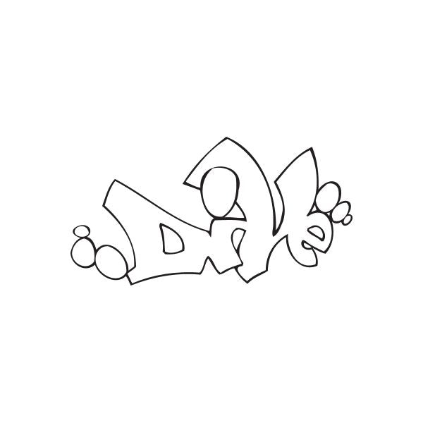 Scuba diver graffiti decal with surfboard, bubbles, and heart accents in black outline