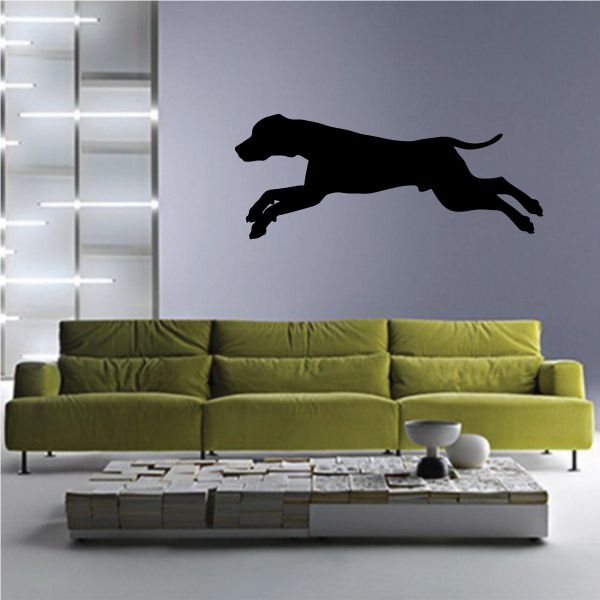 Black diving hound dog decal with running silhouette facing right