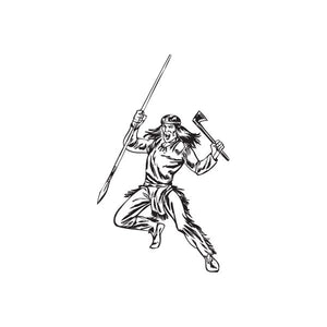 Diving Native American warrior decal, black-and-white illustration of a spear-armed figure