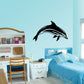Striped dolphin wall decal, black dolphin silhouette with white striped markings