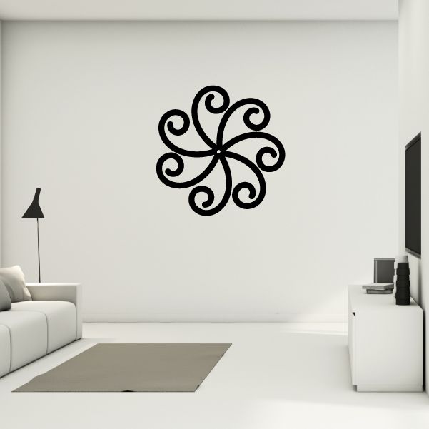 Black swirl flower wall decal with curled spiral details