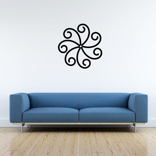 Black swirl floral wall decal with five curled petals and central dot