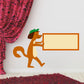 Dog holding sign sticker: orange-brown dog with green hat, holding blank orange-framed rectangle