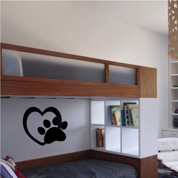 Dog paw with heart decal in black, outlined heart shape with paw prints