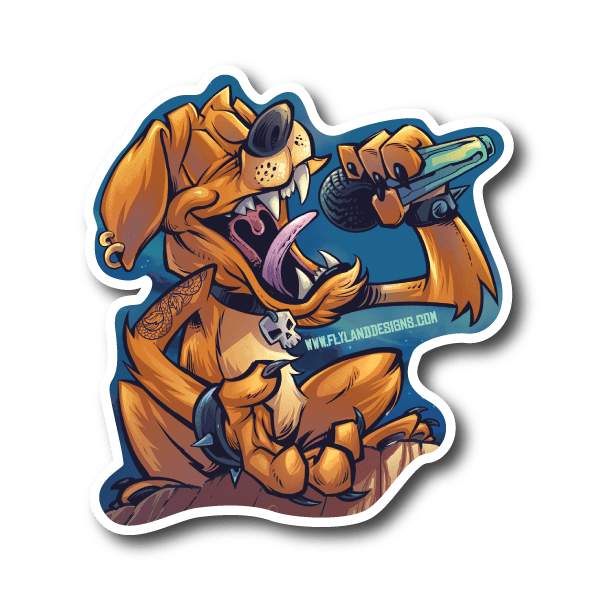 Rockstar dog vinyl sticker: orange cartoon dog with microphone and guitar, bold outlined art