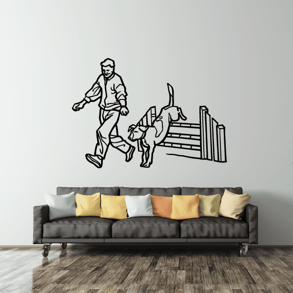 Dog training decal with line-art person walking dog and training gate