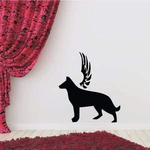Winged dog wall decal, black silhouette with raised feathers