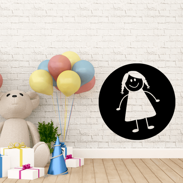 Round vinyl wall decal with cute girl in dress illustration