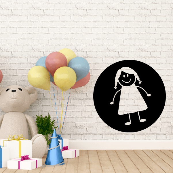 Round vinyl wall decal with cute girl in dress illustration