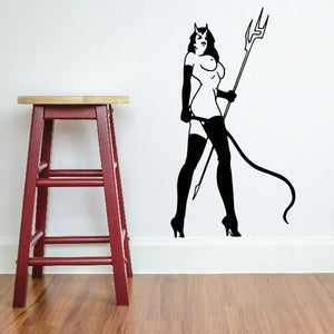 Devil girl decal with whip and pitchfork, black silhouette style