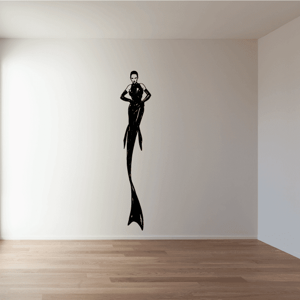 Black mermaid figure wall decal with long hair and flowing tail silhouette