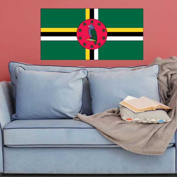 Dominica flag sticker with green cross and round parrot emblem