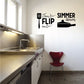Kitchen wall decal reading "Don't flip out, simmer down" with utensil icons