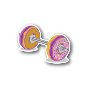 Donut barbell vinyl sticker with two colorful donut wheels and gray bar