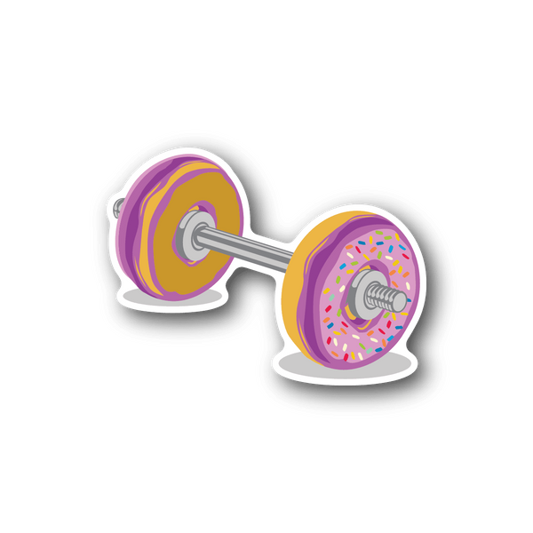 Donut barbell vinyl sticker with two colorful donut wheels and gray bar