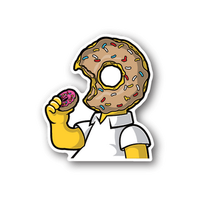 Donut-headed cartoon vinyl sticker, beige donut with sprinkles and icing, dark outline