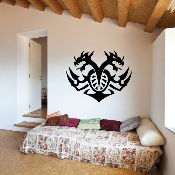 Tribal dragon wall decal with black crest and winged shapes, vinyl sticker