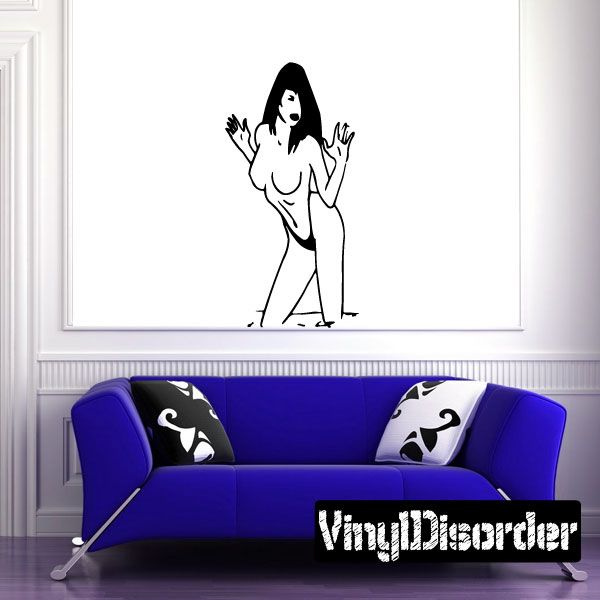 Black-and-white bikini woman wall decal, hands raised in a wave