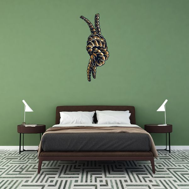Rope knot wall sticker with double braided loops in dark brown and gold