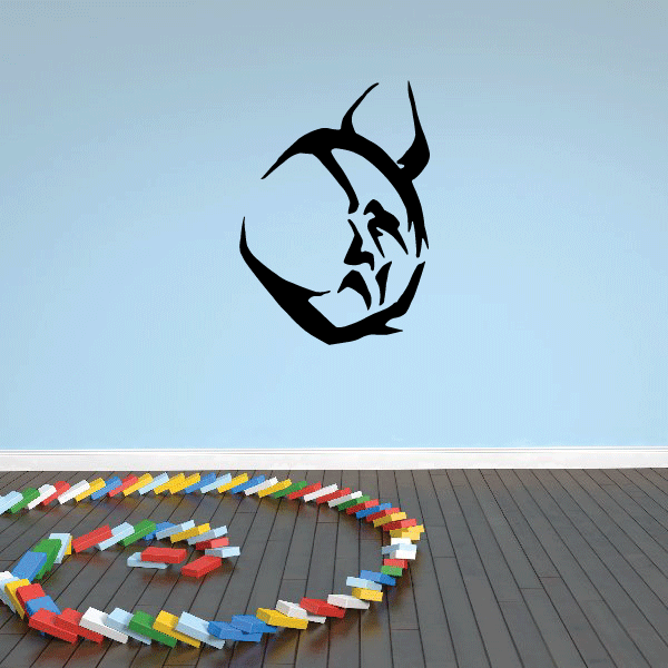 Down Moon with Horns decal, black crescent moon with horns and skull design