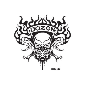 Graffiti decal with black skull, flame design, and dripping details; text DOZEN.