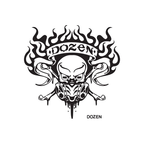 Graffiti decal with black skull, flame design, and dripping details; text DOZEN.