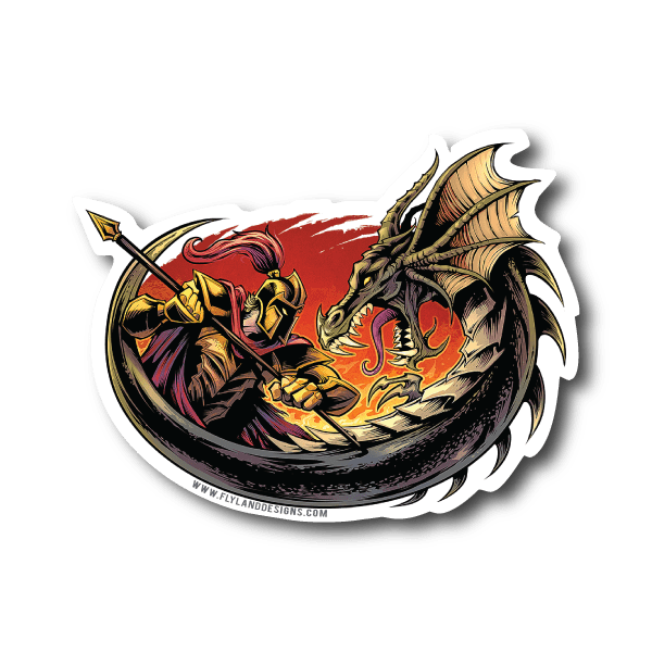 Vinyl sticker of a knight fighting a dragon amid flames