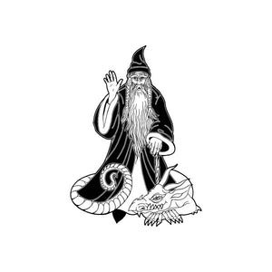 Dragon and wizard decal with line-art wizard and dragon, black outline on white.