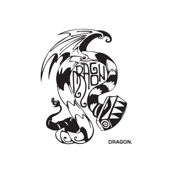 Black dragon graffiti decal with stylized face and DRAGON