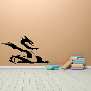 Dragon surf decal, black dragon riding a wave on a wall