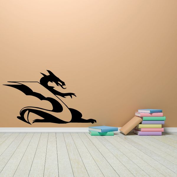 Dragon surf decal, black dragon riding a wave on a wall