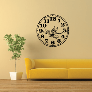 Round dragonfly clock wall decal with bold black numbers and hands