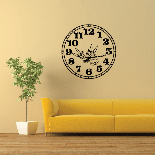 Round dragonfly clock wall decal with bold black numbers and hands