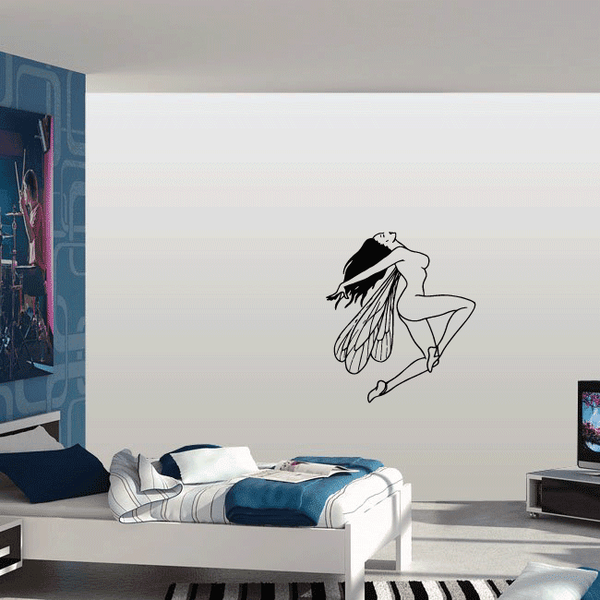 Flying fairy and dragonfly wall decal, black line art