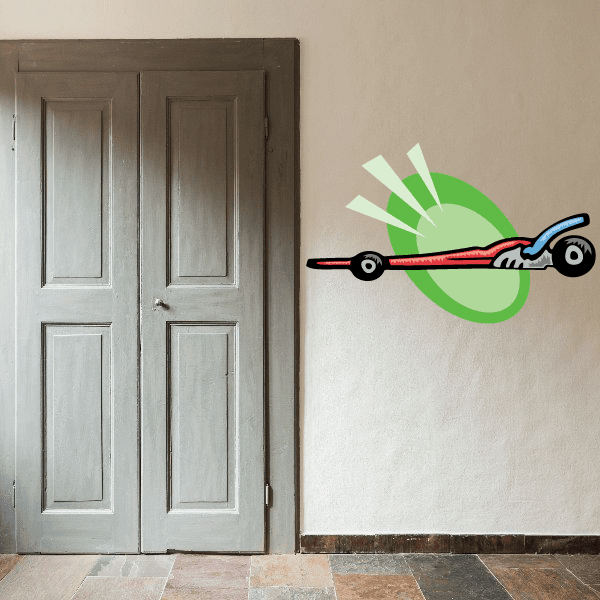 Car alert sticker with green burst and red cartoon dragster