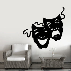 Drama masks vinyl wall decal, black smiling and crying theatrical masks