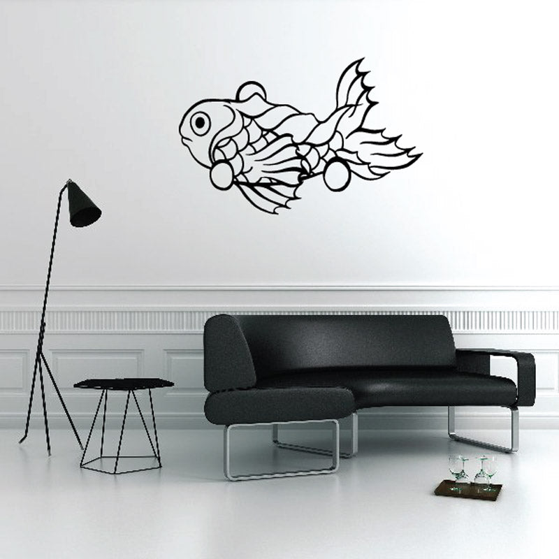 Koi fish wall decal with flowing drape line art, black outline and white fill.