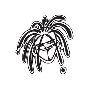 Graffiti dreadlocks decal with stylized face and coiled black-and-white hair