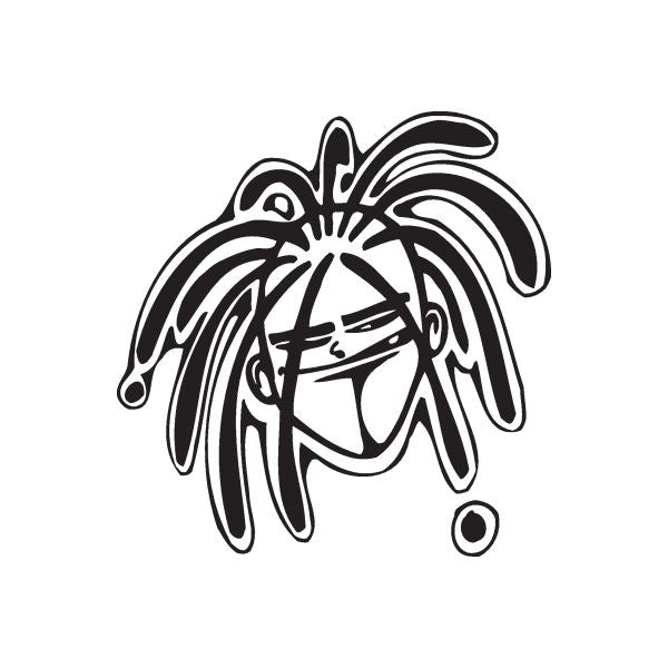Graffiti dreadlocks decal with stylized face and coiled black-and-white hair