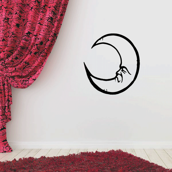 Crescent moon decal, black outline with small face profile