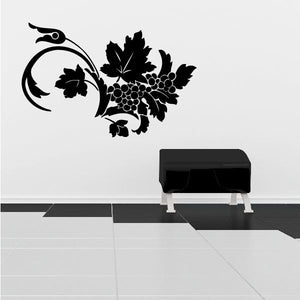 Grape vine floral wall decal with leaf and grape cluster in black vinyl