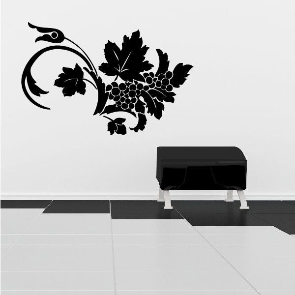 Grape vine floral wall decal with leaf and grape cluster in black vinyl