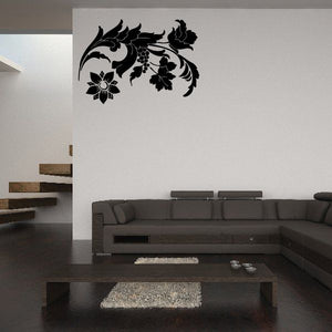 Floral vine wall decal with black blossoms and curling leaves