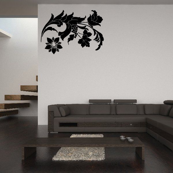 Floral vine wall decal with black blossoms and curling leaves